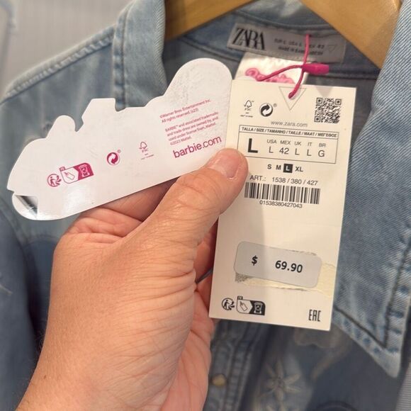 Zara x Barbie Men’s Light Denim Embroidered Western Snap Button Shirt Large NWT - Picture 15 of 15